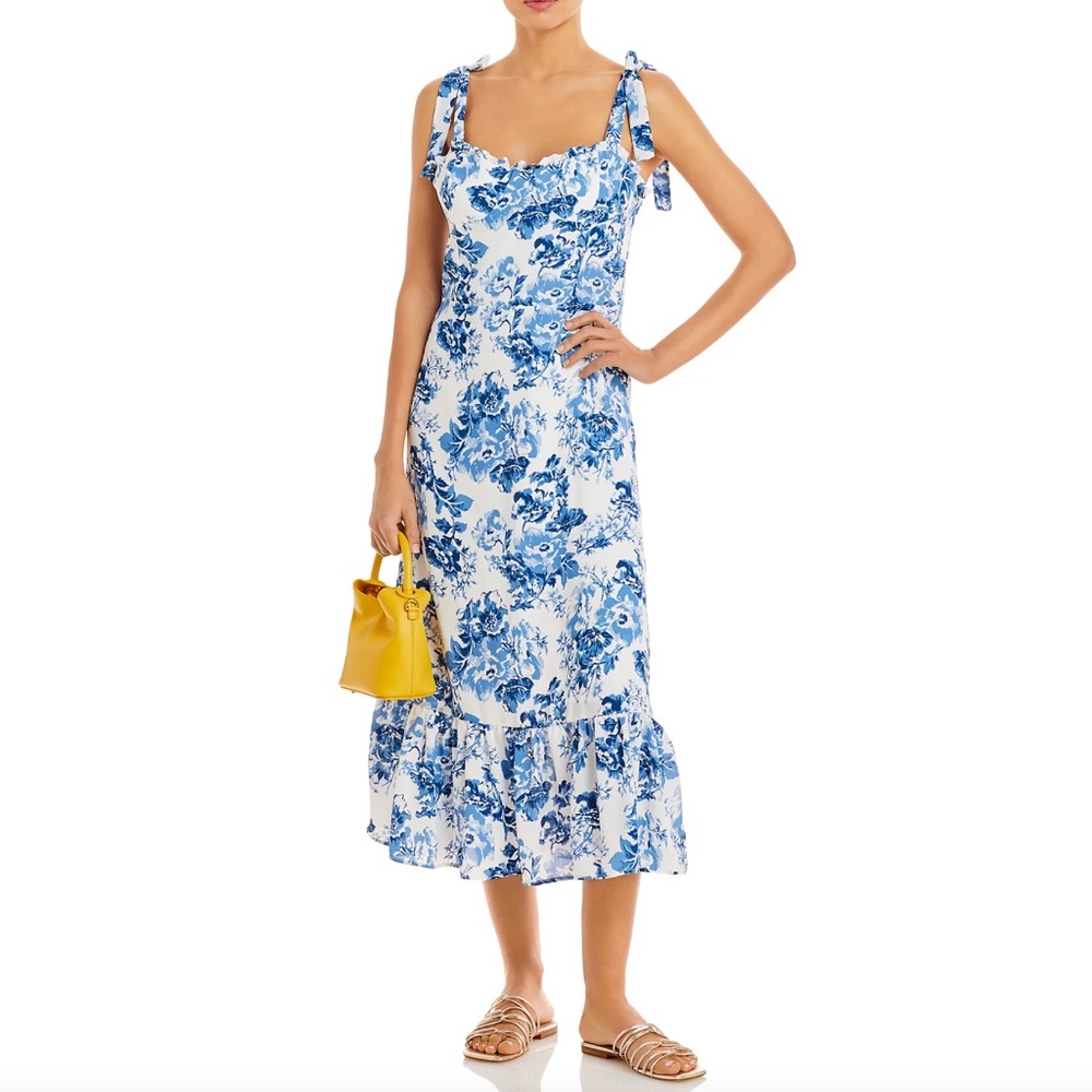 Aqua Blue and White Floral Tie-Shoulder Midi Dress
